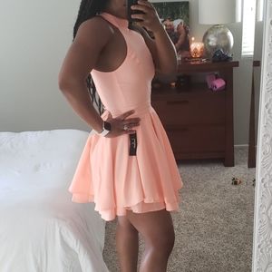 Lulu's Peach Choker Neck Skater Dress, Open Back